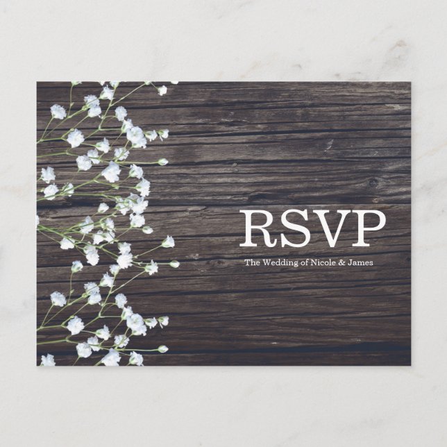 Baby's Breath Floral & Dark Rustic Wood RSVP Invitation Postcard (Front)