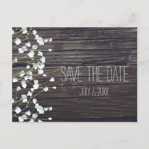 Babys Breath Floral  Dark Rustic Wood Save Date Announcement Postcard