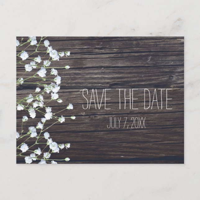 Baby's Breath Floral & Dark Rustic Wood Save Date Announcement Postcard (Front)