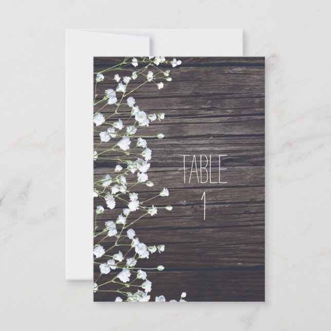 Baby's Breath Floral Dark Rustic Wood Table Number (Front)