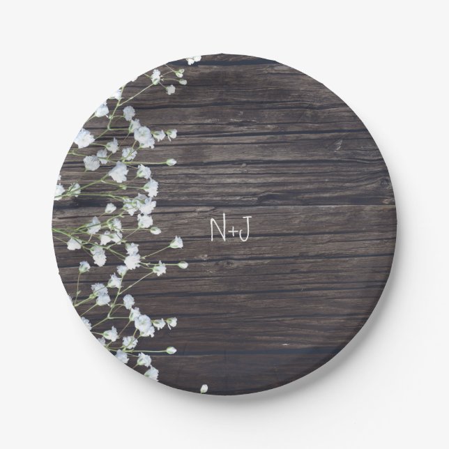 Baby's Breath Floral & Dark Rustic Wood Wedding Paper Plates (Front)