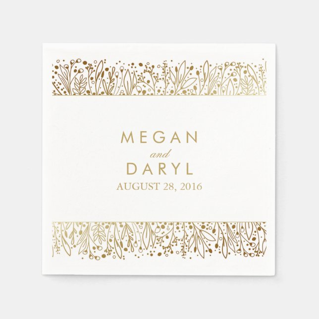 Baby's Breath Floral Gold Frame Wedding Napkins (Front)
