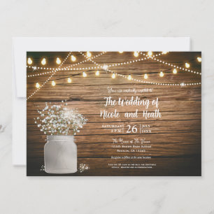 Baby's Breath Floral in Rustic Mason Jar & Lights Invitation