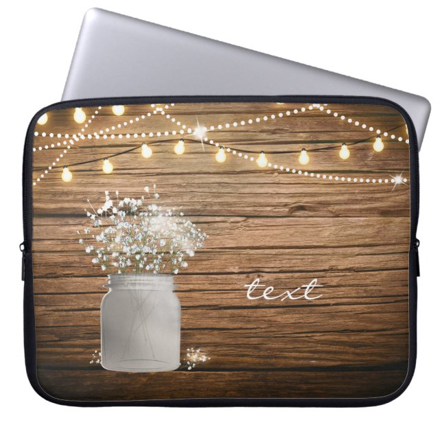 Baby's Breath Floral in Rustic Mason Jar & Lights Laptop Sleeve (Front)