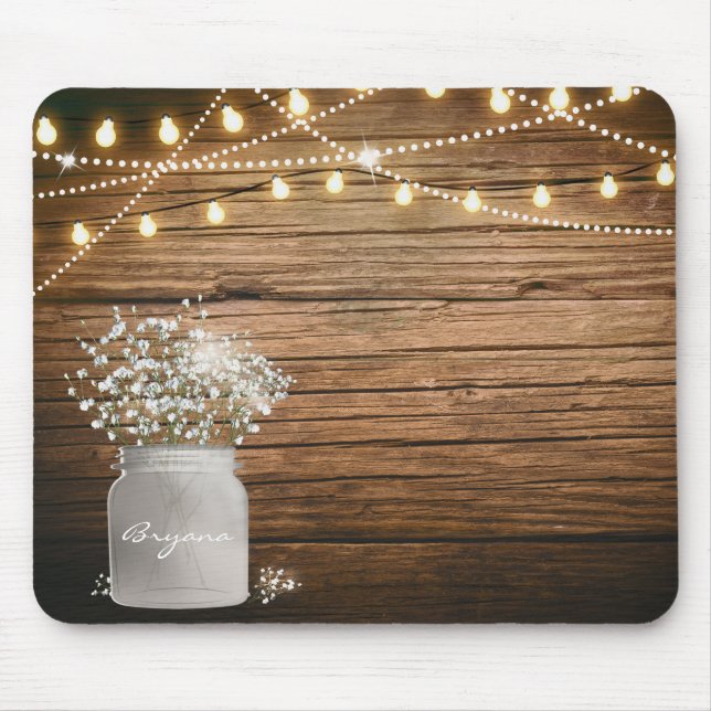 Baby's Breath Floral in Rustic Mason Jar & Lights Mouse Pad (Front)