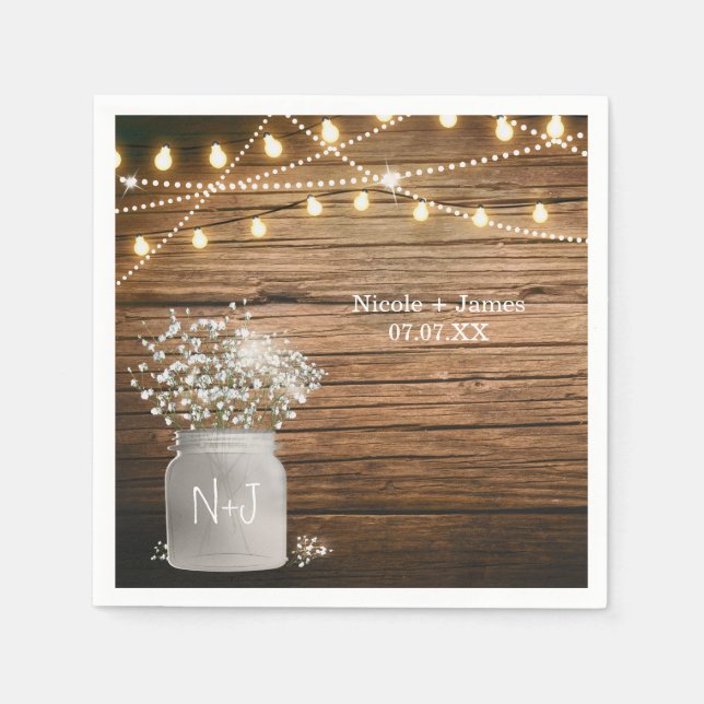 Baby's Breath Floral in Rustic Mason Jar & Lights Paper Napkins (Front)