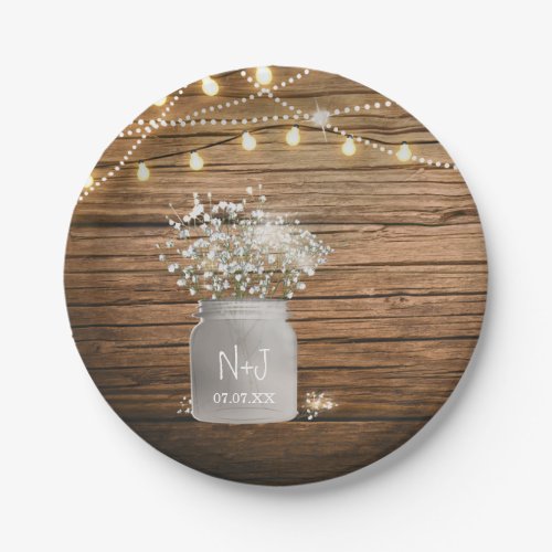 Babys Breath Floral in Rustic Mason Jar  Lights Paper Plates