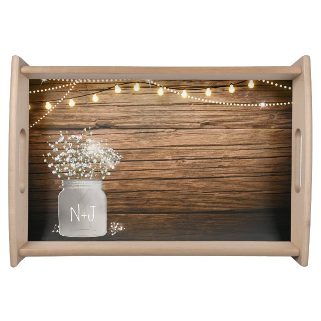 Baby's Breath Floral in Rustic Mason Jar & Lights Serving Tray (Front)