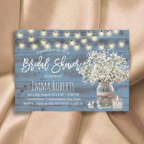 Babys Breath Floral Jar Dusty Blue Bridal Shower Invitation