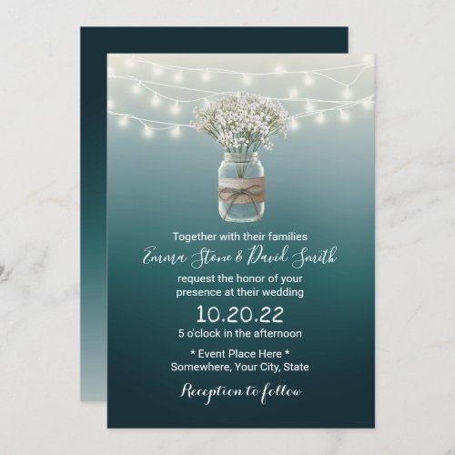 Babys Breath Floral Jar Elegant Teal Wedding Invitation