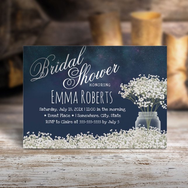 Baby's Breath Floral Jar Navy Blue Bridal Shower Invitation (Creator Uploaded)