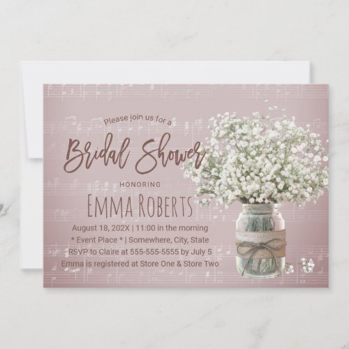 Babys Breath Floral Jar Pink Music Bridal Shower Invitation