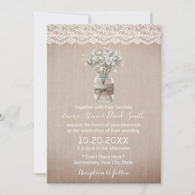 Baby's Breath Floral Jar Rustic Burlap Wedding Invitation (Front)