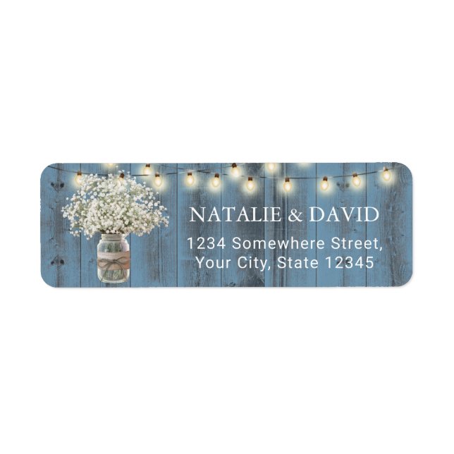 Baby's Breath Floral Jar Rustic Dusty Blue Wedding Label (Front)