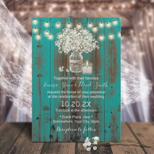 Babys Breath Floral Jar Rustic Teal Barn Wedding Invitation