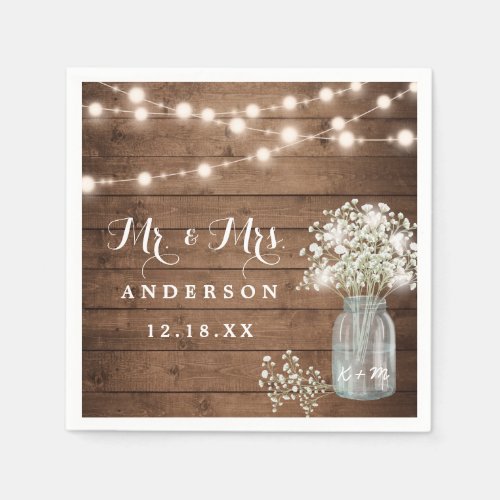 Babys Breath Floral Mason Jar Rustic Wood Wedding Napkins