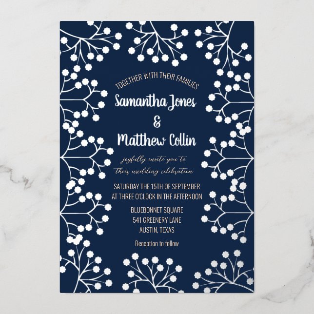 Baby's Breath Floral Navy Blue Gold Foil Wedding Foil Invitation (Front)