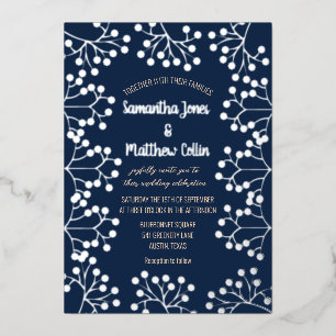 Baby's Breath Floral Navy Blue Gold Foil Wedding Invitation