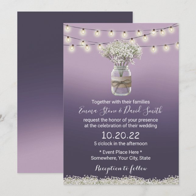 Baby's Breath Floral Purple Ombre Rustic Wedding Invitation (Front/Back)