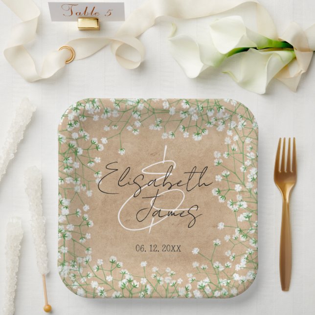 Baby's Breath Floral Rustic Boho Farmhouse Wedding Paper Plates (Wedding)