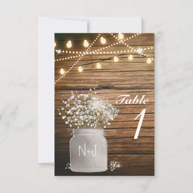 Baby's Breath Floral Rustic Mason Jar Table Number (Front)