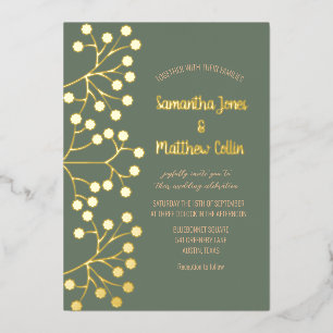 Baby's Breath Floral  Sage Green Gold Foil Wedding Invitation