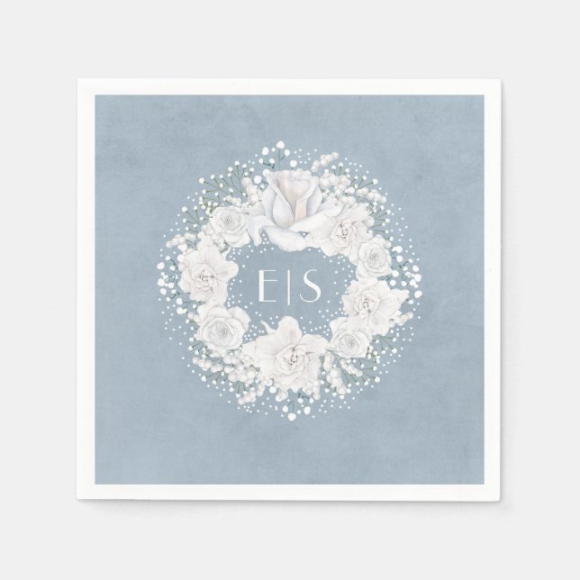 Baby's Breath Floral White and Dusty Blue Paper Napkins (Front)