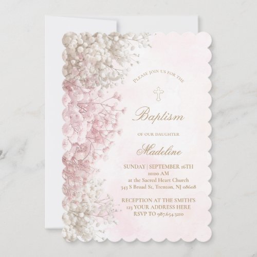 Baby's Breath flowers baby girl Baptism Invitation