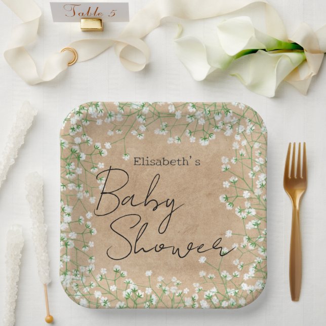  Baby's Breath Flowers Boho Farmhouse Baby Shower Paper Plates (Wedding)