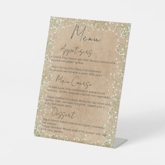 Baby's Breath Flowers Boho Farmhouse Wedding Menu Pedestal Sign (Front)