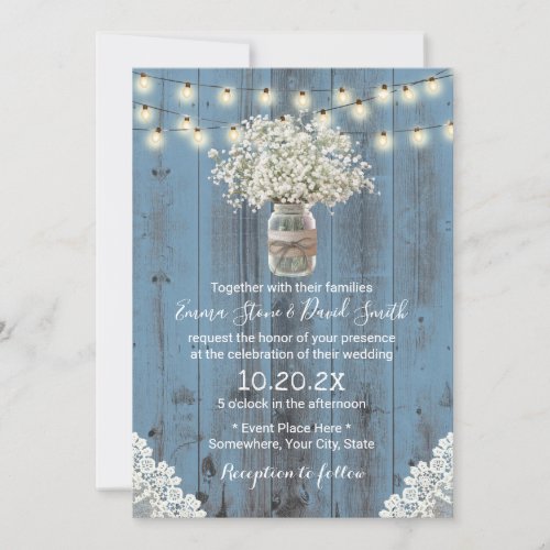 Babys Breath Flowers Dusty Blue Barn Wedding Invitation