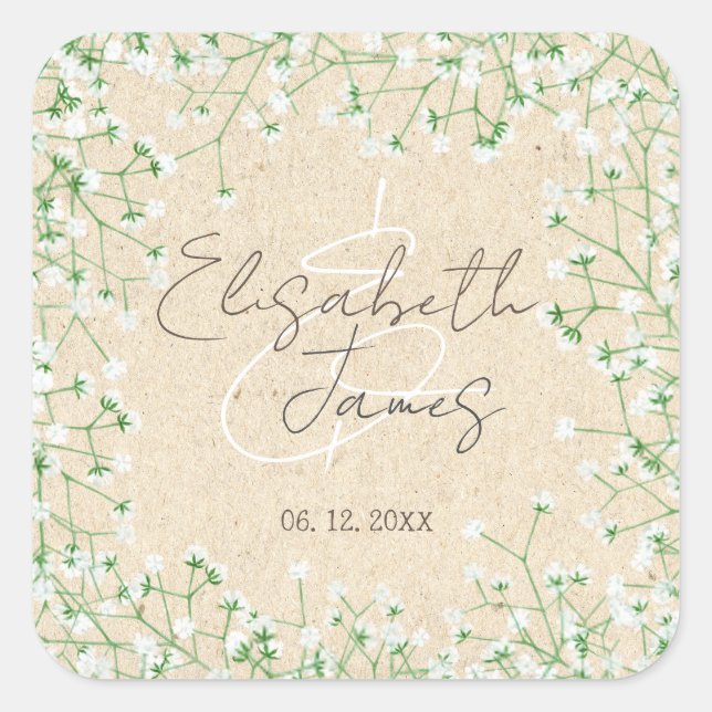 Baby's Breath Flowers Elegant Rustic Boho Wedding Square Sticker (Front)