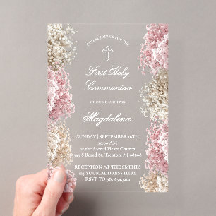 Baby's Breath flowers First Communion Acrylic Invitations