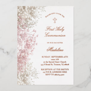 Baby's Breath flowers First Communion Foil Invitation