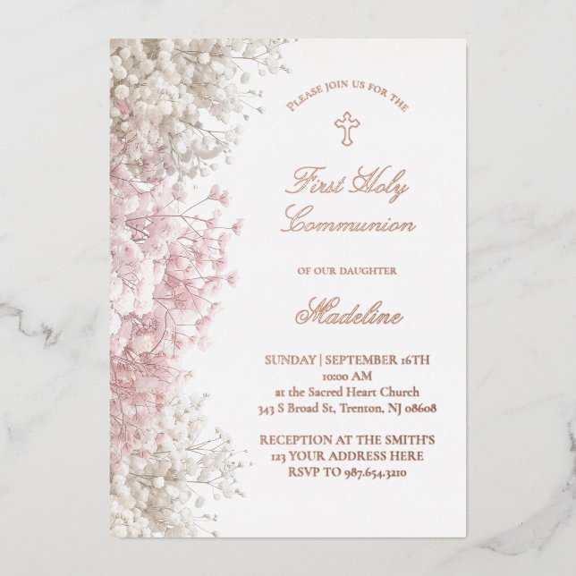 Baby's Breath flowers First Communion Foil Invitation (Front)