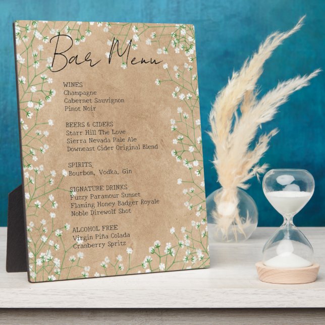 Baby's Breath Flowers Rustic Wedding Bar Menu Sign Plaque (Side)