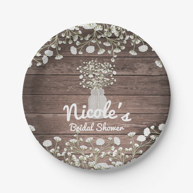 Baby's Breath Flowers Rustic Wood Bridal Shower Paper Plates (Front)