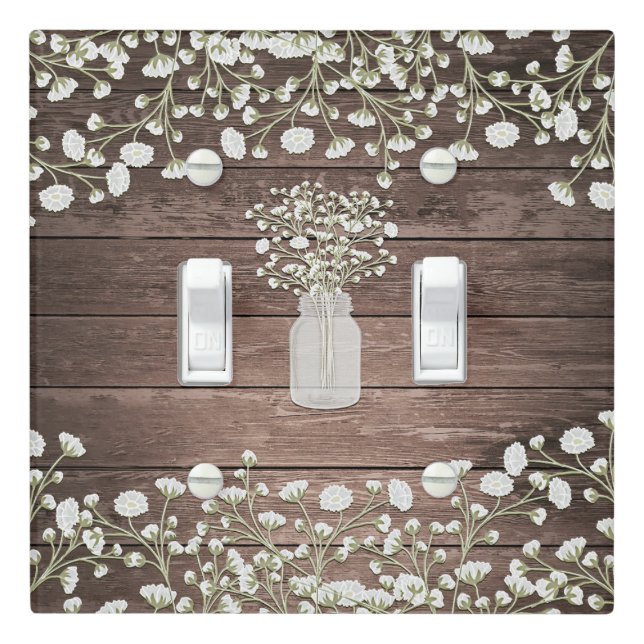Baby's Breath Flowers Rustic Wood Farmhouse Chic Light Switch Cover (In Situ)