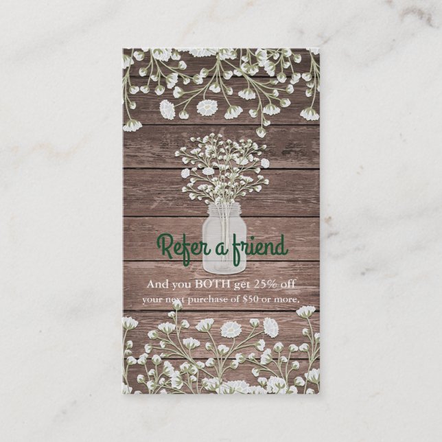 Baby's Breath Flowers Rustic Wood Refer a Friend Referral Card (Front)