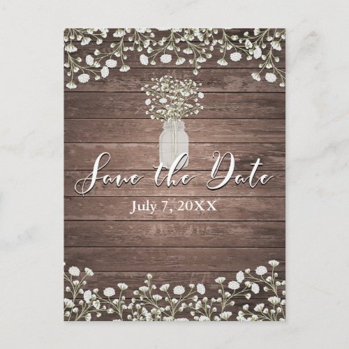Babys Breath Flowers Rustic Wood Save the Date Announcement Postcard