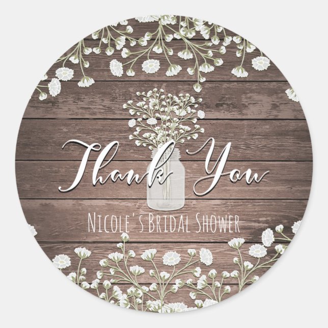 Baby's Breath Flowers Rustic Wood Thank You Favor Classic Round Sticker (Front)