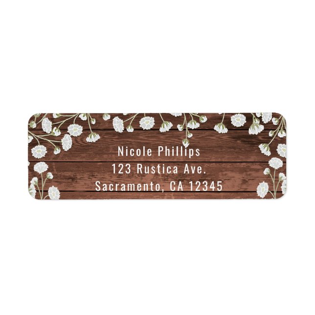 Baby's Breath Flowers & Wood Elegant Rustic Party Label (Front)