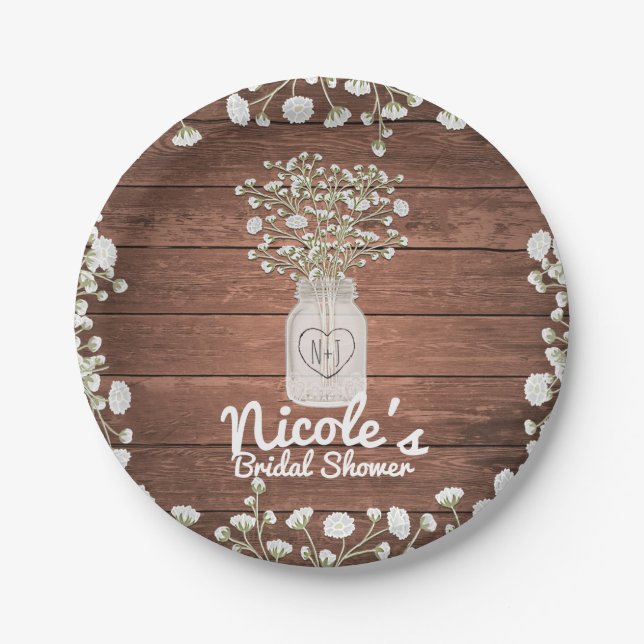 Baby's Breath Flowers & Wood Elegant Rustic Party Paper Plates (Front)