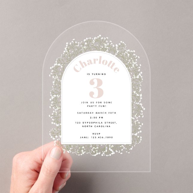 Baby's Breath Girl Pink Gypsophila Kids Birthday Acrylic Invitations (Insitu (Handheld))