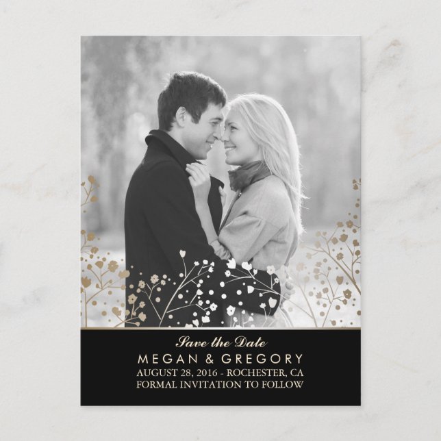 baby's breath gold and black photo save the date announcement postcard (Front)