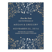 baby's breath gold and navy save the date postcard