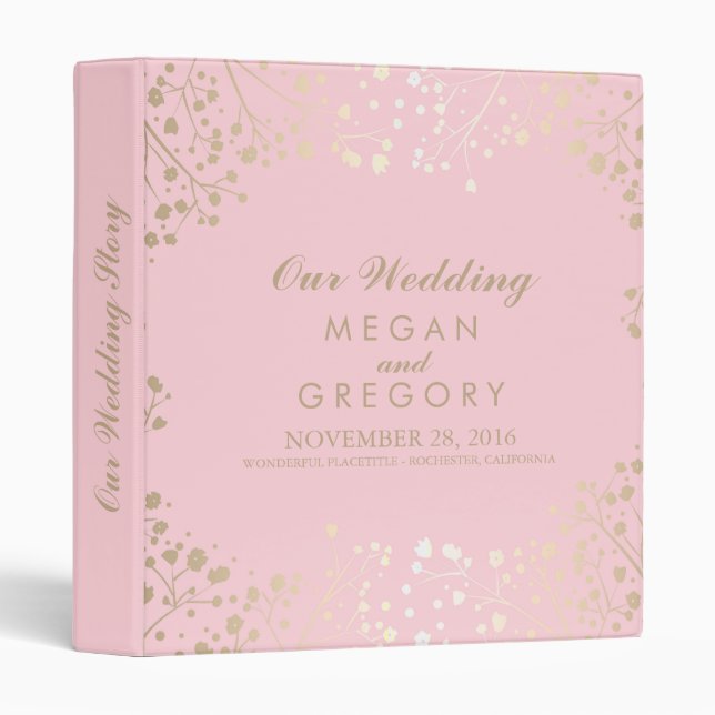 Baby's Breath Gold and Pink Wedding 3 Ring Binder (Front/Spine)