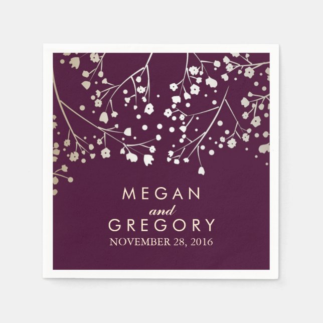 Baby's Breath Gold and Plum Wedding Paper Napkins (Front)