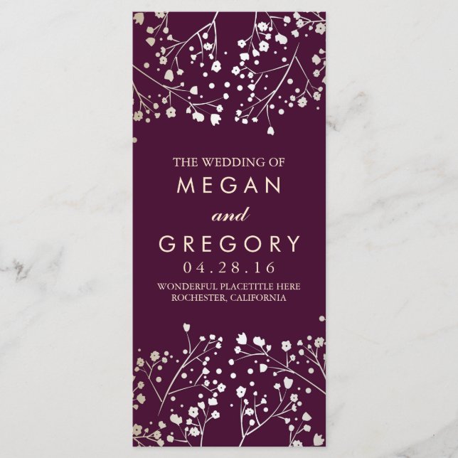 Baby's Breath Gold and Plum Wedding Programs (Front)