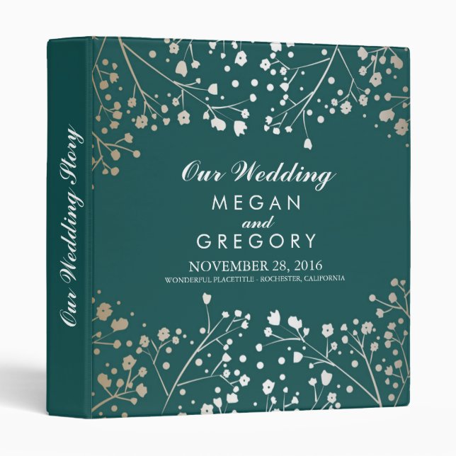 Baby's Breath Gold and Teal Wedding 3 Ring Binder (Front/Spine)